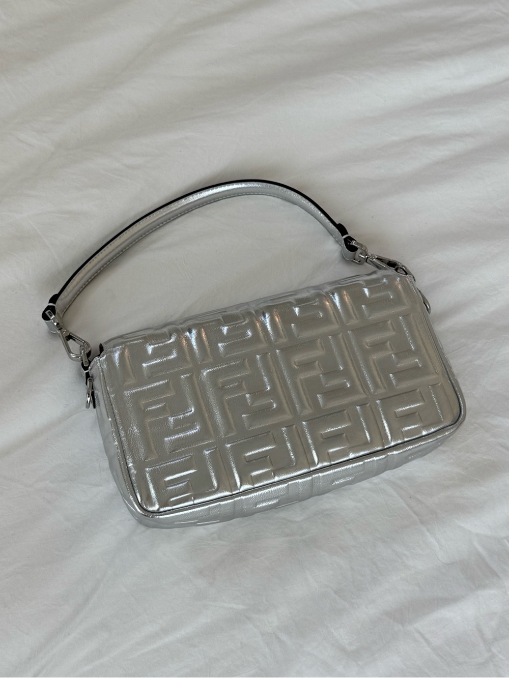 Vintage Fendi Baguette Metallic Silver Embossed Shoulder Bag - Picture 2 of 11